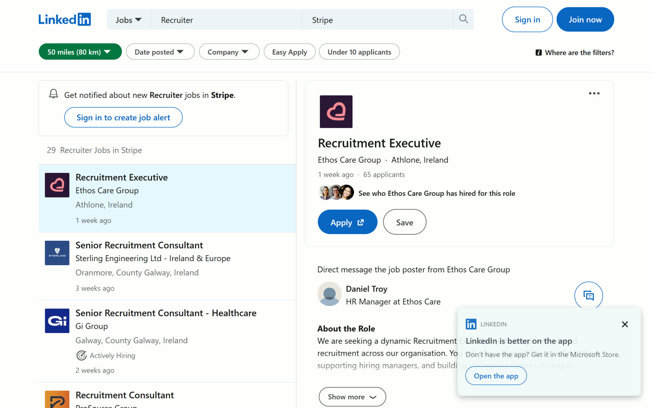 LinkedIn job search, signed in